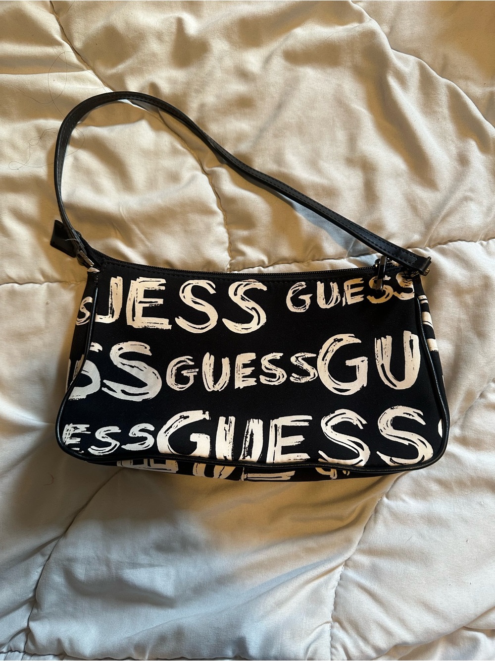 GUESS Black Shoulder Bag with White Logo Print